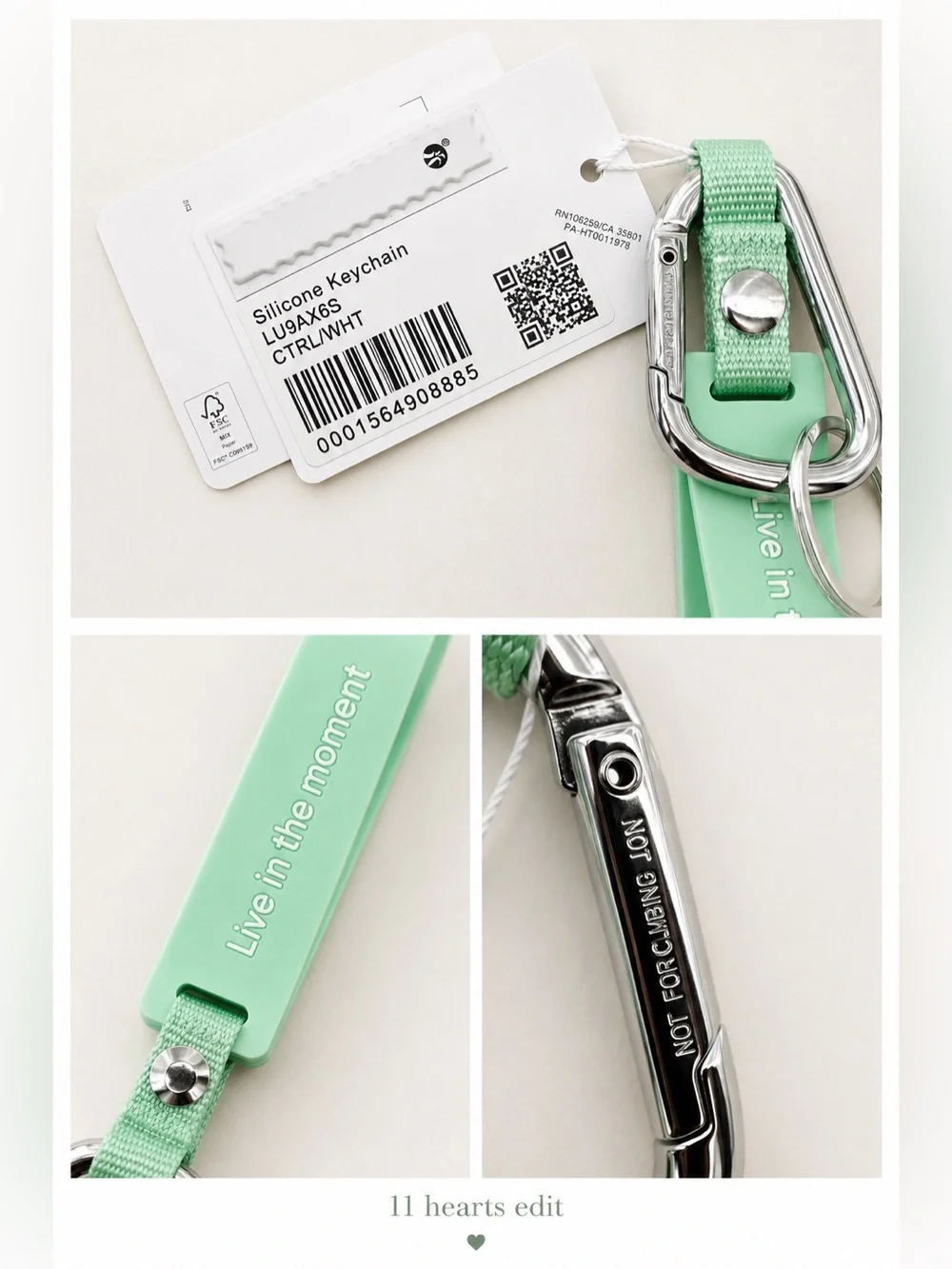 Lululemon Silicone Keychain NWT Mint Green Live In The Moment Carabiner Clip